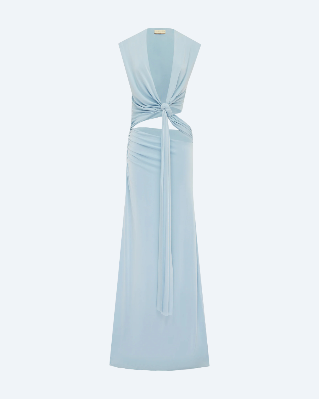 Arcina Ori Light blue halter neck dress, front view, on a white background