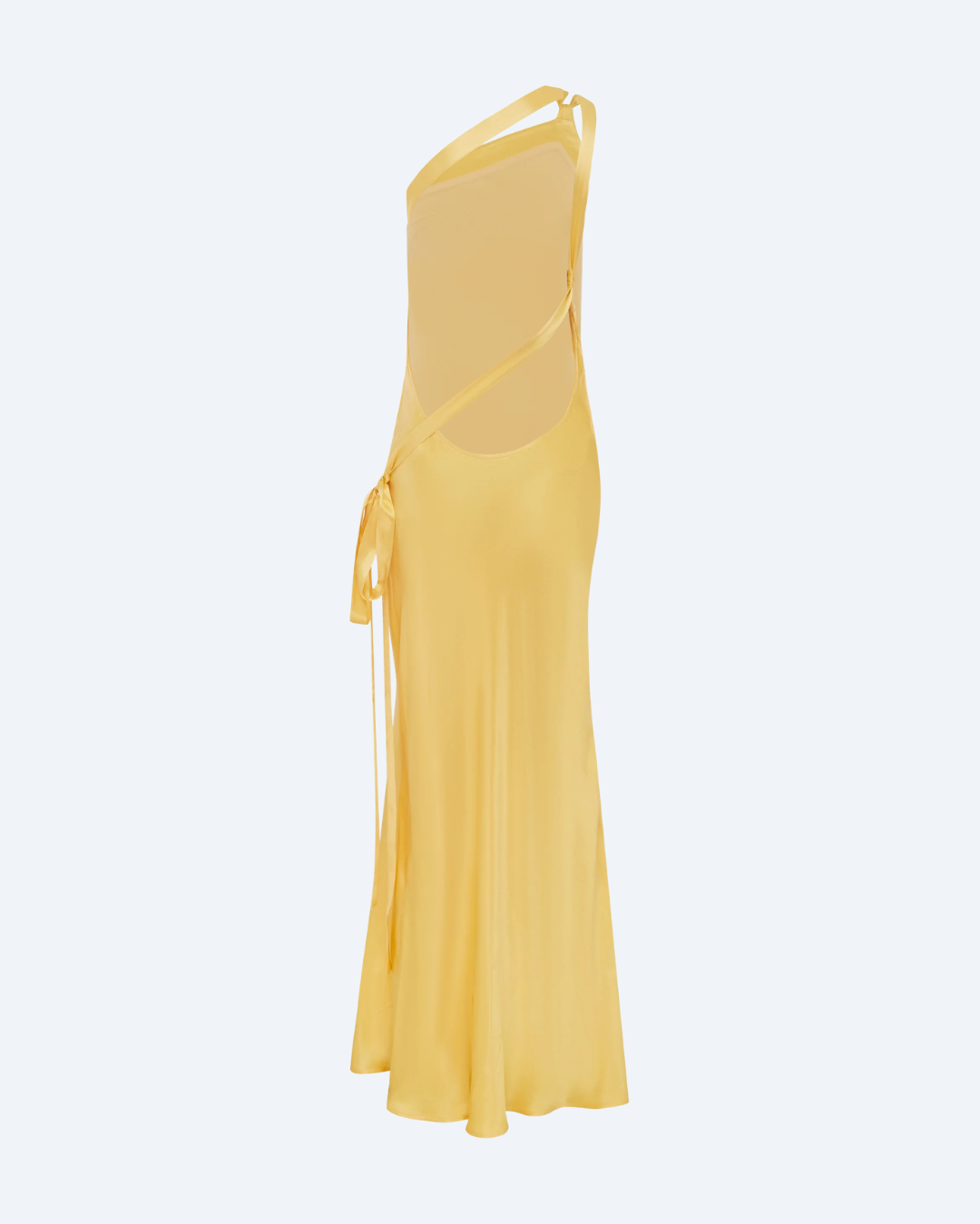 Arcina Ori Monique yellow one-shoulder dress on a white background.