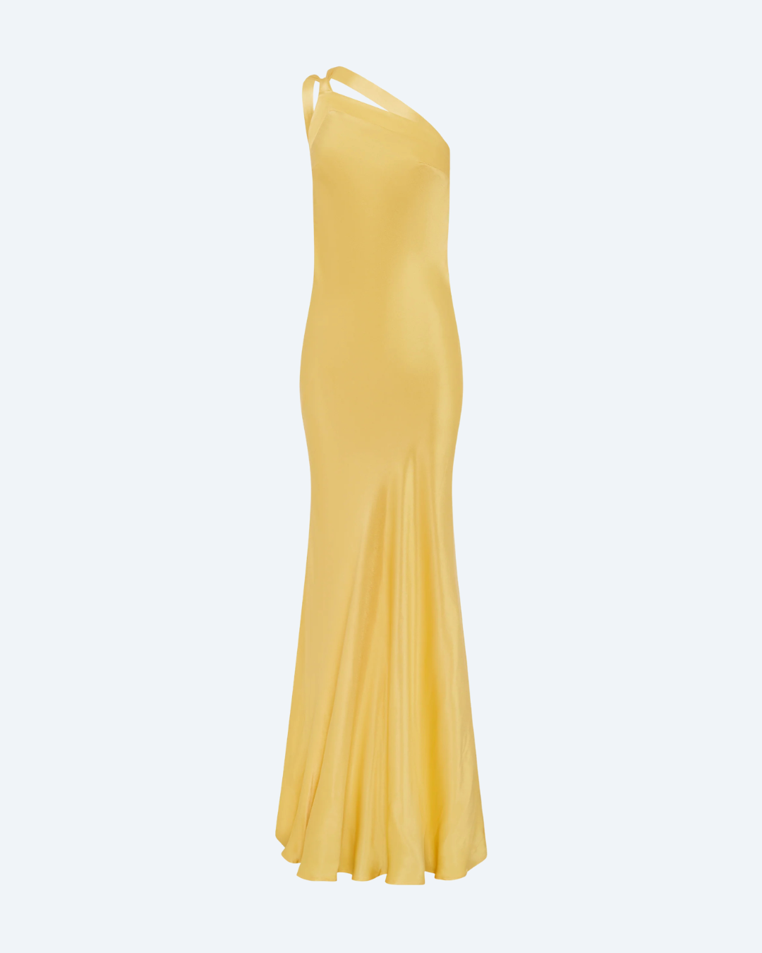 Arcina Ori Monique yellow one-shoulder dress on a white background, front view.