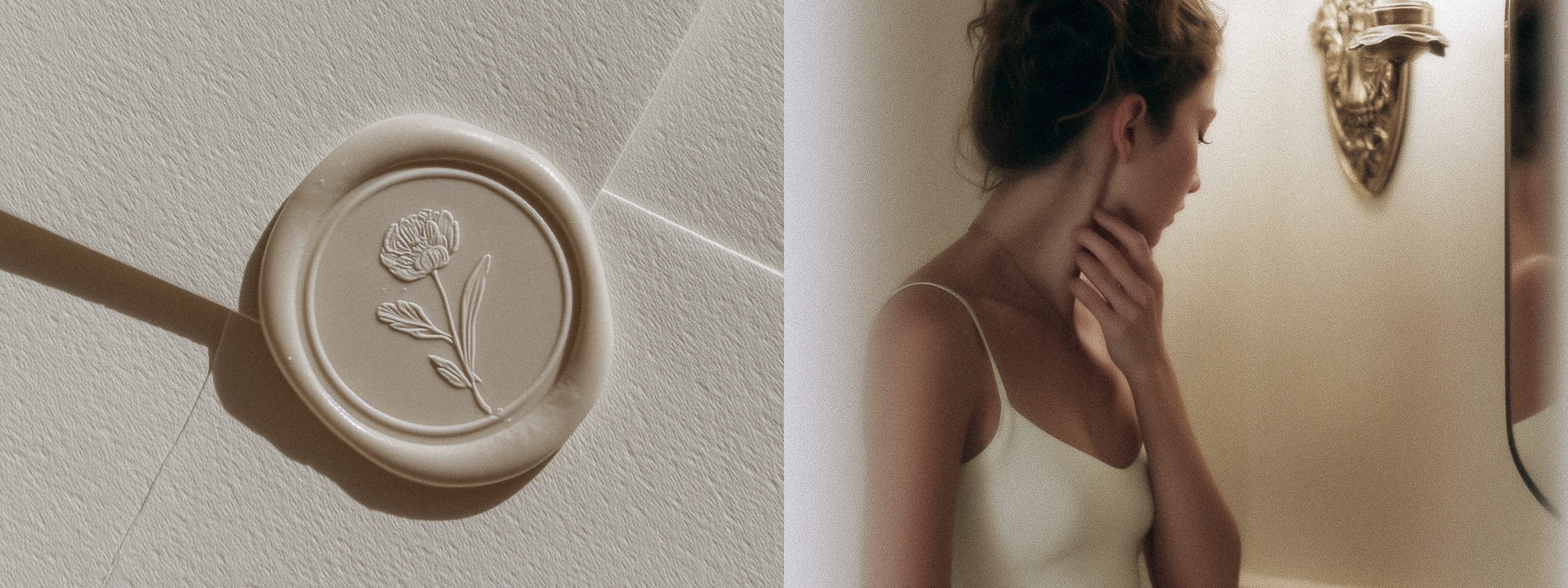 Close-up of a floral seal on a textured surface and a person in a white dress adjusting their hair.