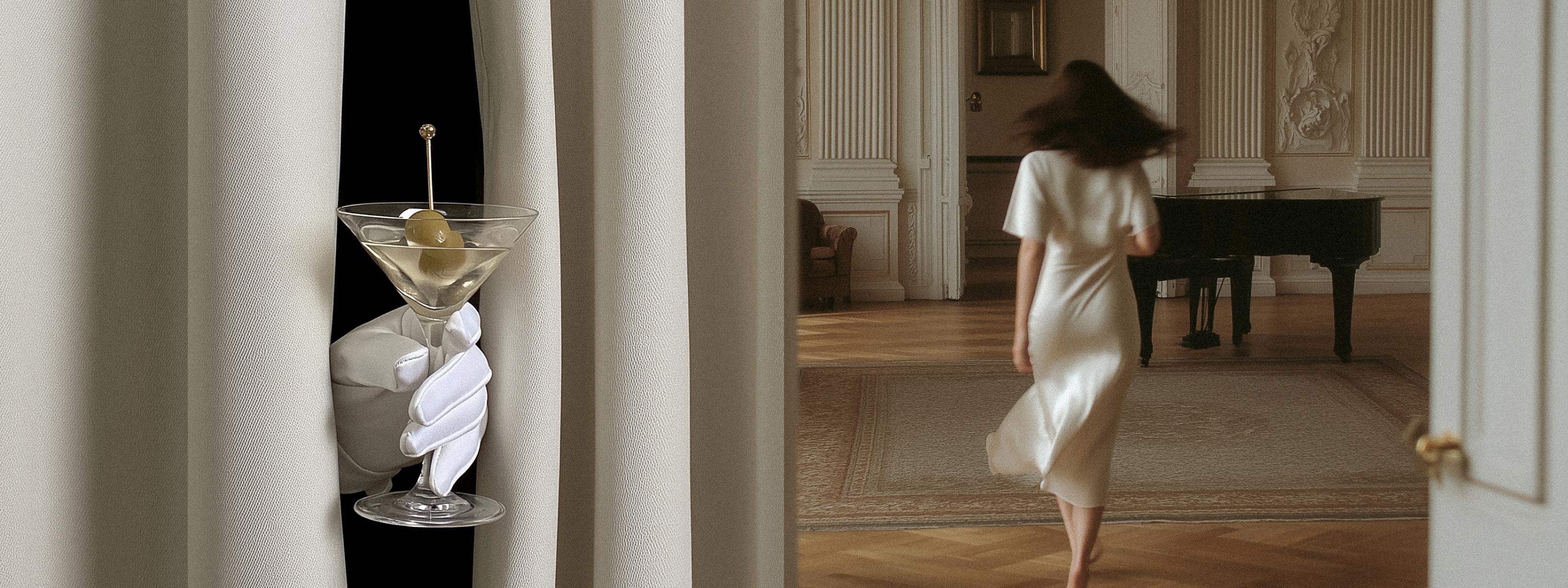 Woman in a white dress walking through a grand room with a piano, framed by a martini glass and napkin.
